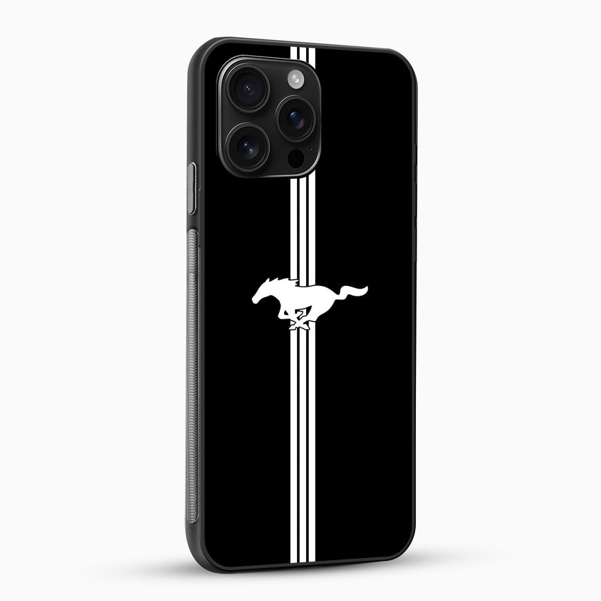 Phone case with Mustang logo and stripes on a black background
