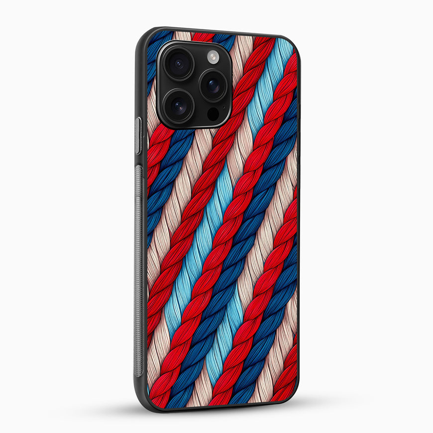Phone case with red, blue, and beige braided pattern on a white background