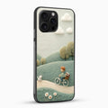 Phone case with a scenic design of a person on a bicycle and a dog, set against a landscape.