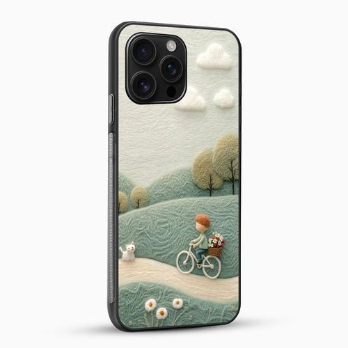 Phone case with a scenic design of a person on a bicycle and a dog, set against a landscape.