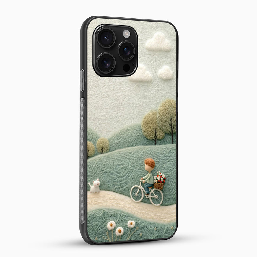 Phone case with a scenic design of a person on a bicycle and a dog, set against a landscape.