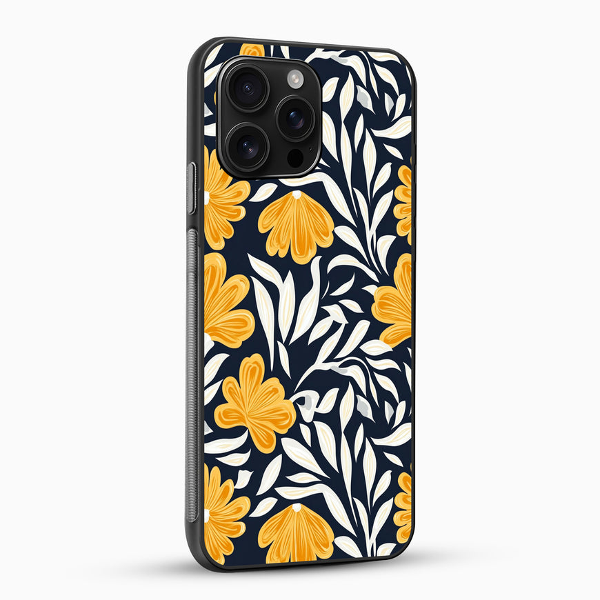 Phone case with yellow floral design on a dark blue background