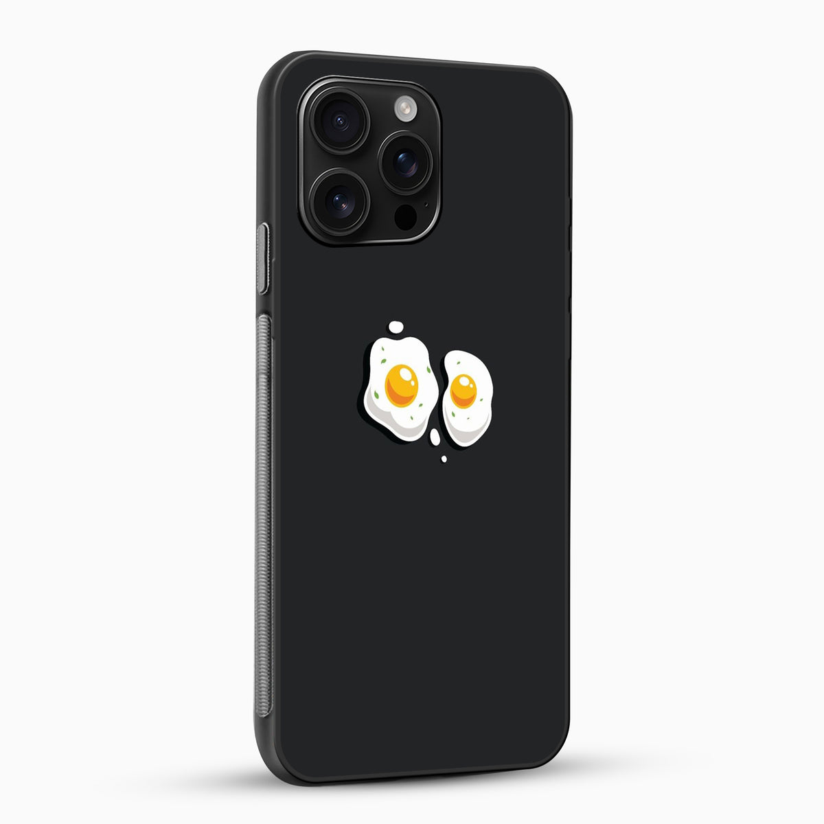 Black phone case with cartoon eggs design on a white background
