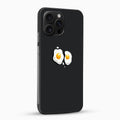 Black phone case with cartoon eggs design on a white background