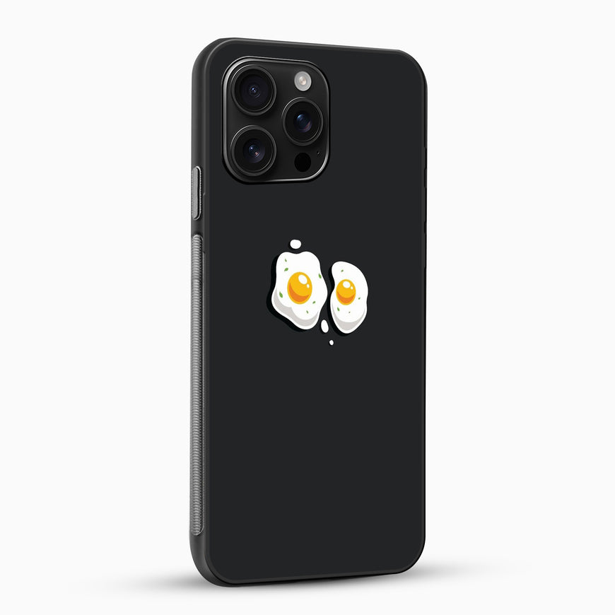 Black phone case with cartoon eggs design on a white background