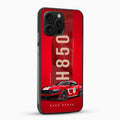 Phone case with red background and car design, featuring the text 'H850' and 'Dark Horse'.
