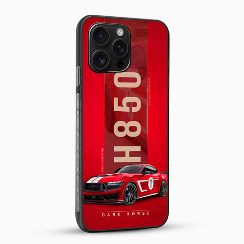 Phone case with red background and car design, featuring the text 'H850' and 'Dark Horse'.
