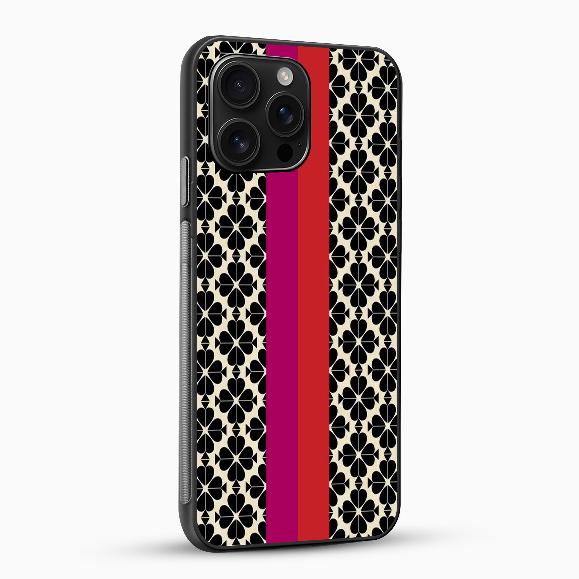 Phone case with black geometric pattern and red stripe on a white background