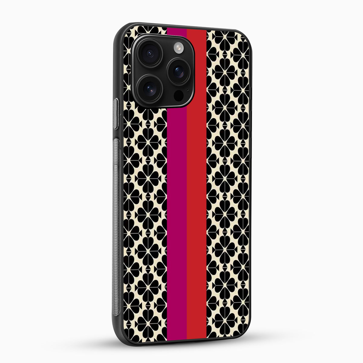 Phone case with black geometric pattern and red stripe on a white background