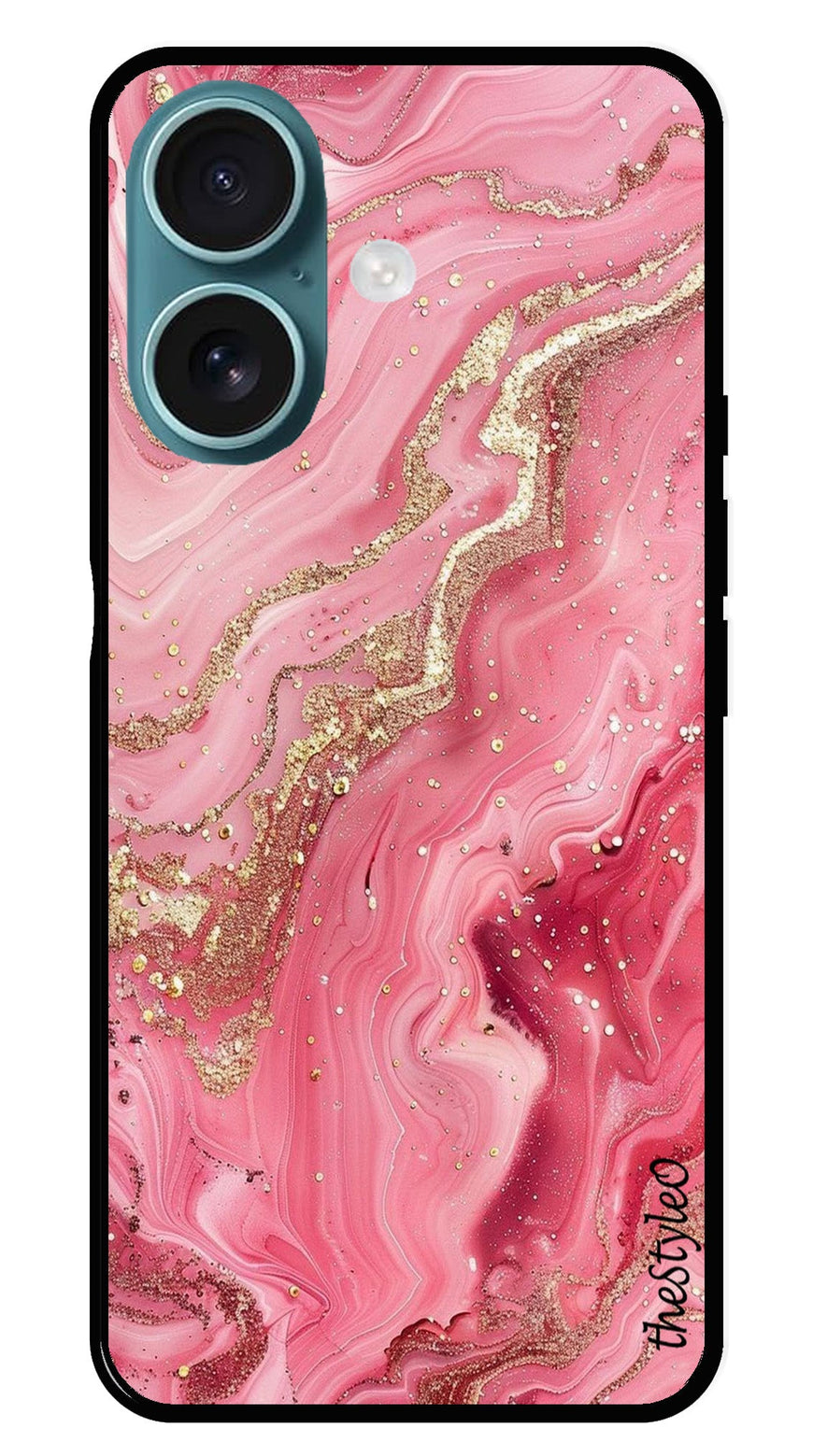 Pink Marble Metal Mobile Case for iPhone 16 Plus (Design No -66)