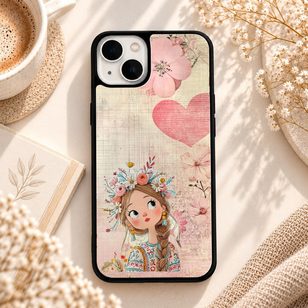Flower Crown Girl Artwork glossy phone case back cover, flat view
