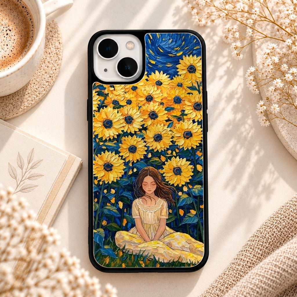 Sunflower Girl Artwork glossy phone case back cover, flat view