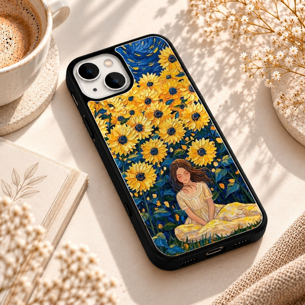 Sunflower Girl Artwork glossy phone case back cover, angled view