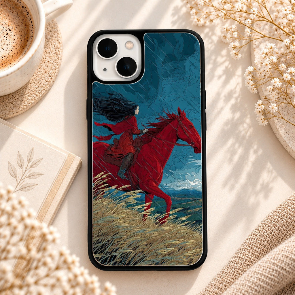 Red Horse Rider Artwork glossy phone case back cover, flat view