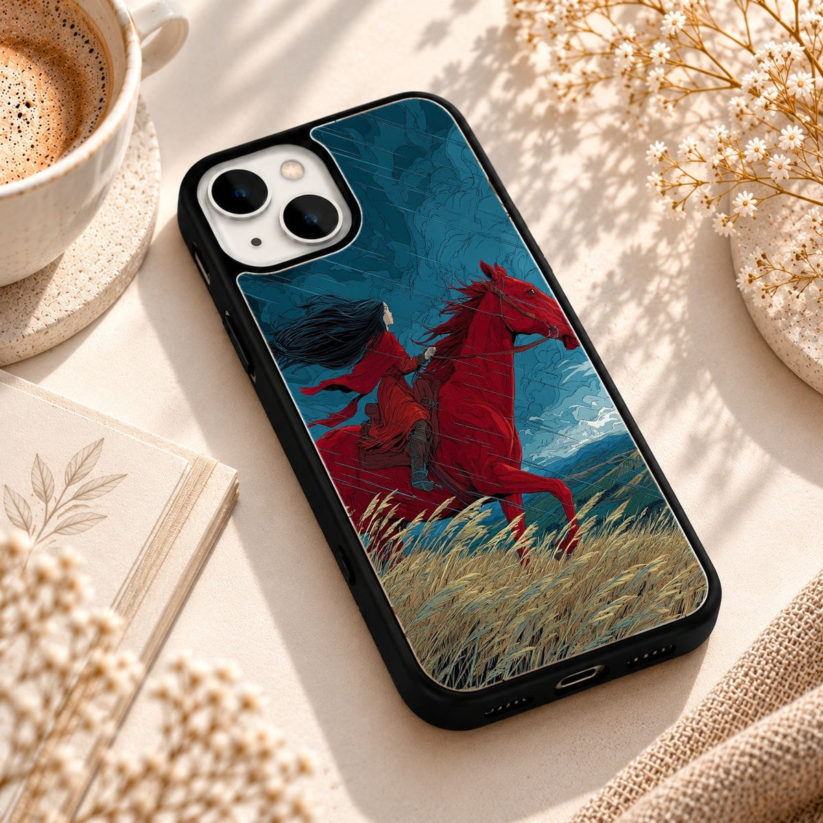 Red Horse Rider Artwork glossy phone case back cover, angled view