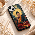 Meditating Buddha Artwork glossy phone case back cover, angled view