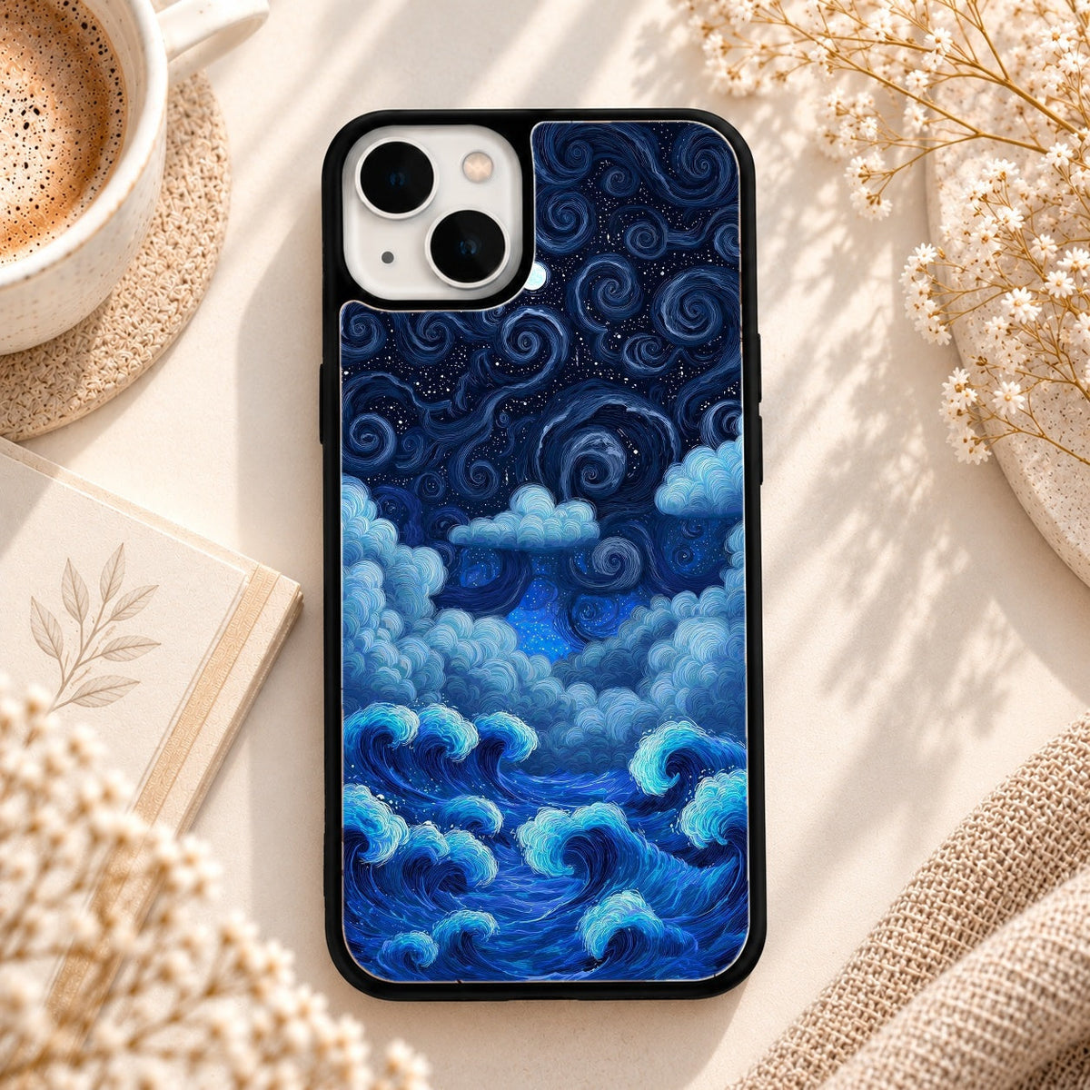 Moonlit Ocean Waves Artwork glossy phone case back cover, flat view