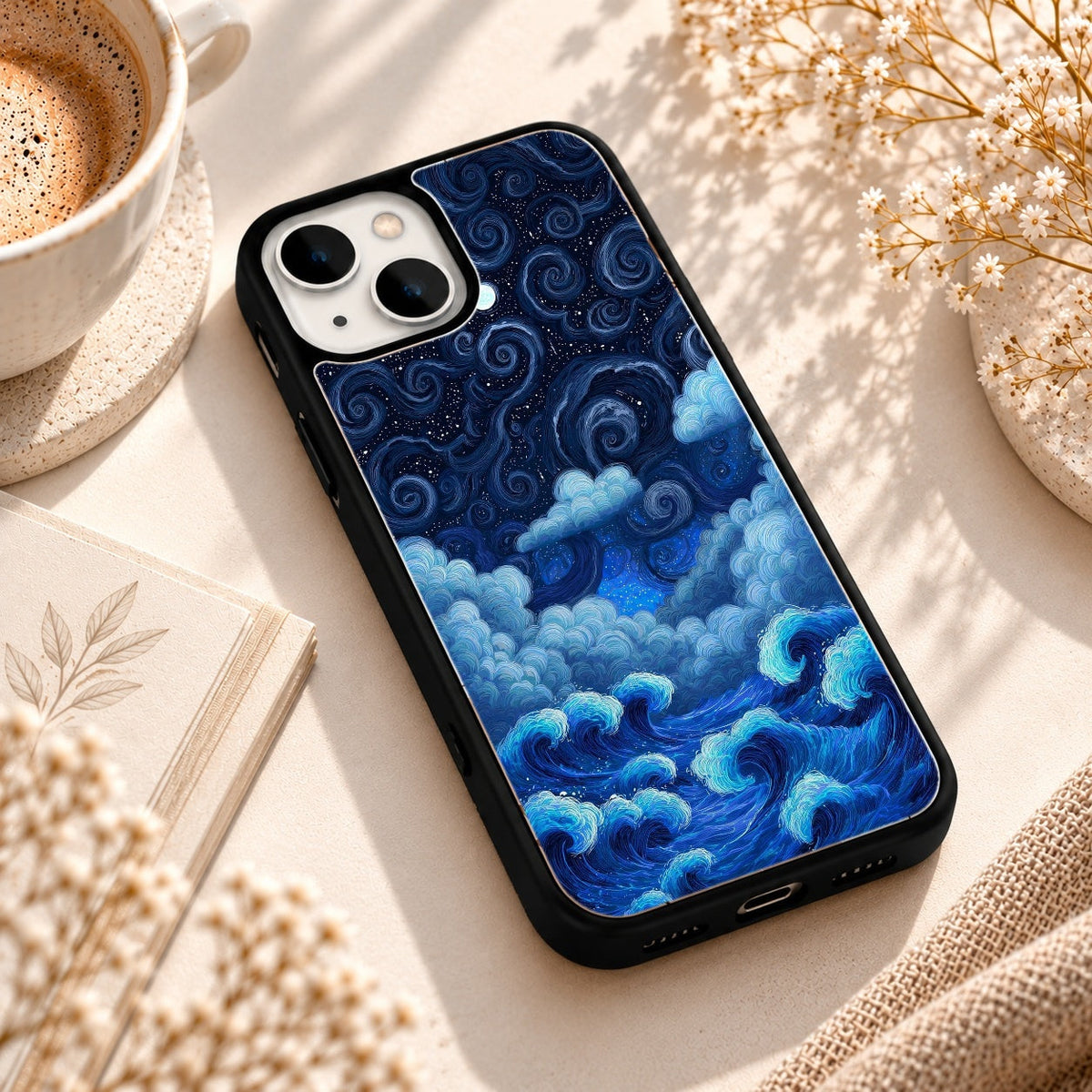 Moonlit Ocean Waves Artwork glossy phone case back cover, angled view