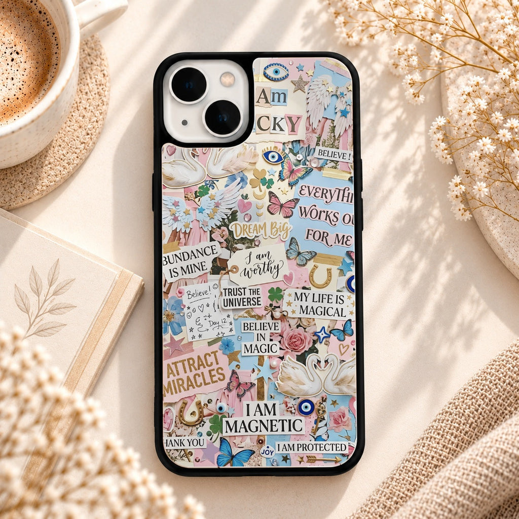 I Am Lucky Affirmation Collage Artwork glossy phone case back cover, flat view