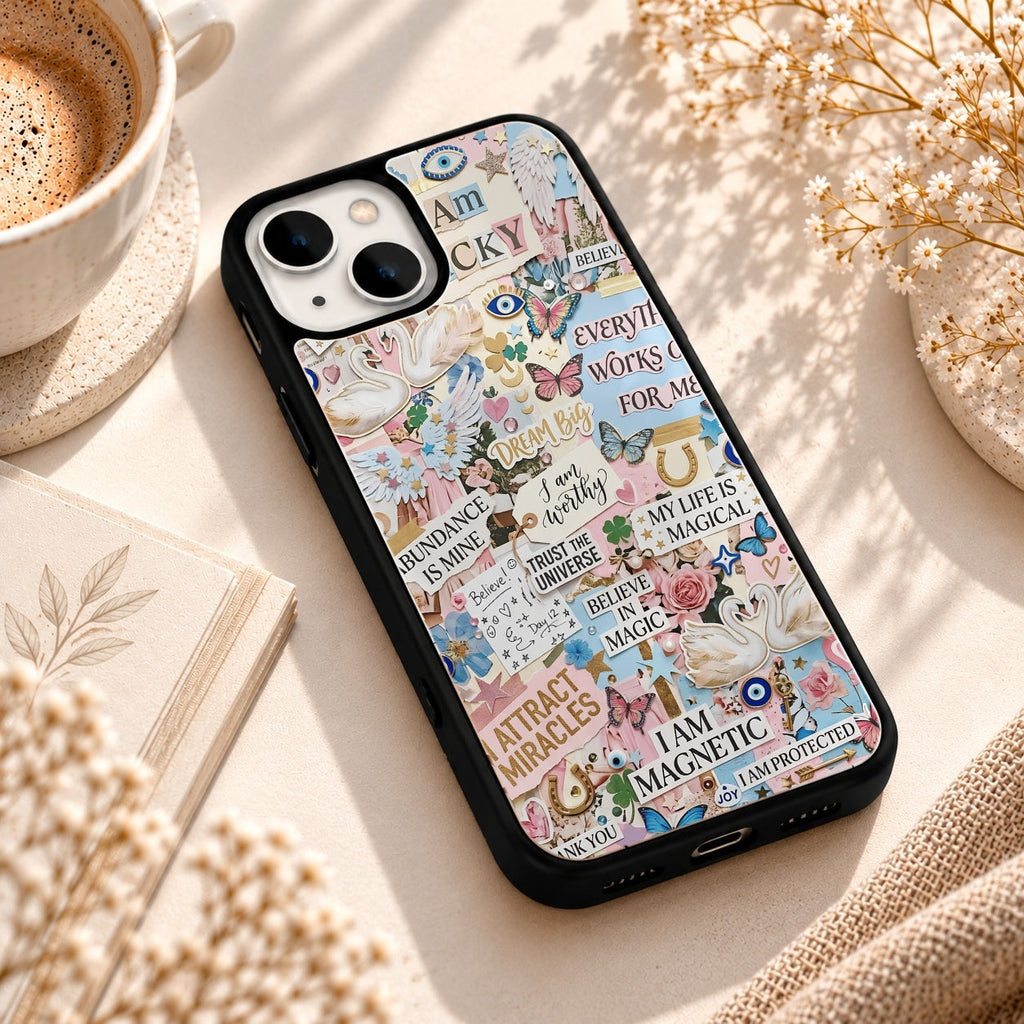 I Am Lucky Affirmation Collage Artwork glossy phone case back cover, angled view