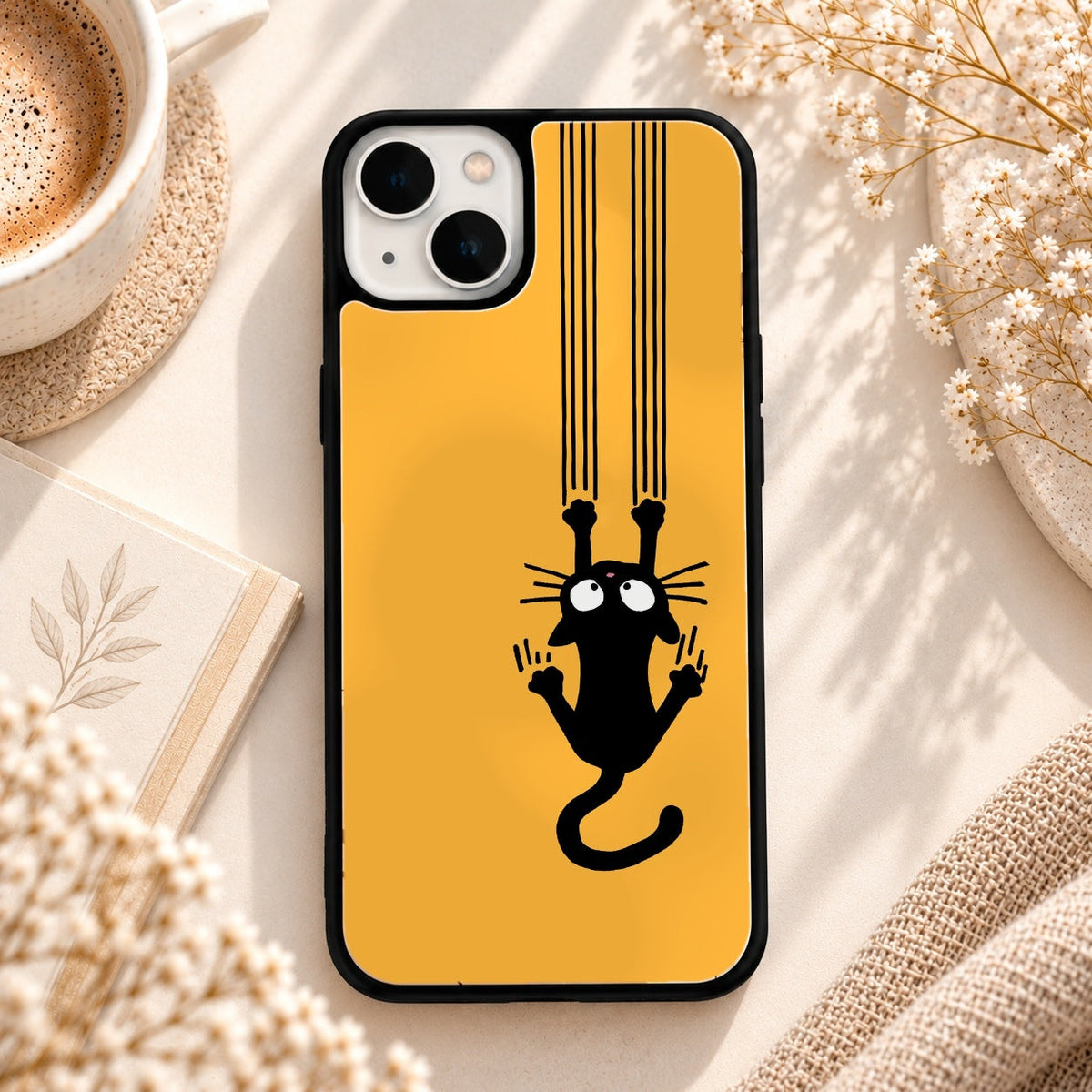Scratching Black Cat Artwork glossy phone case back cover, flat view