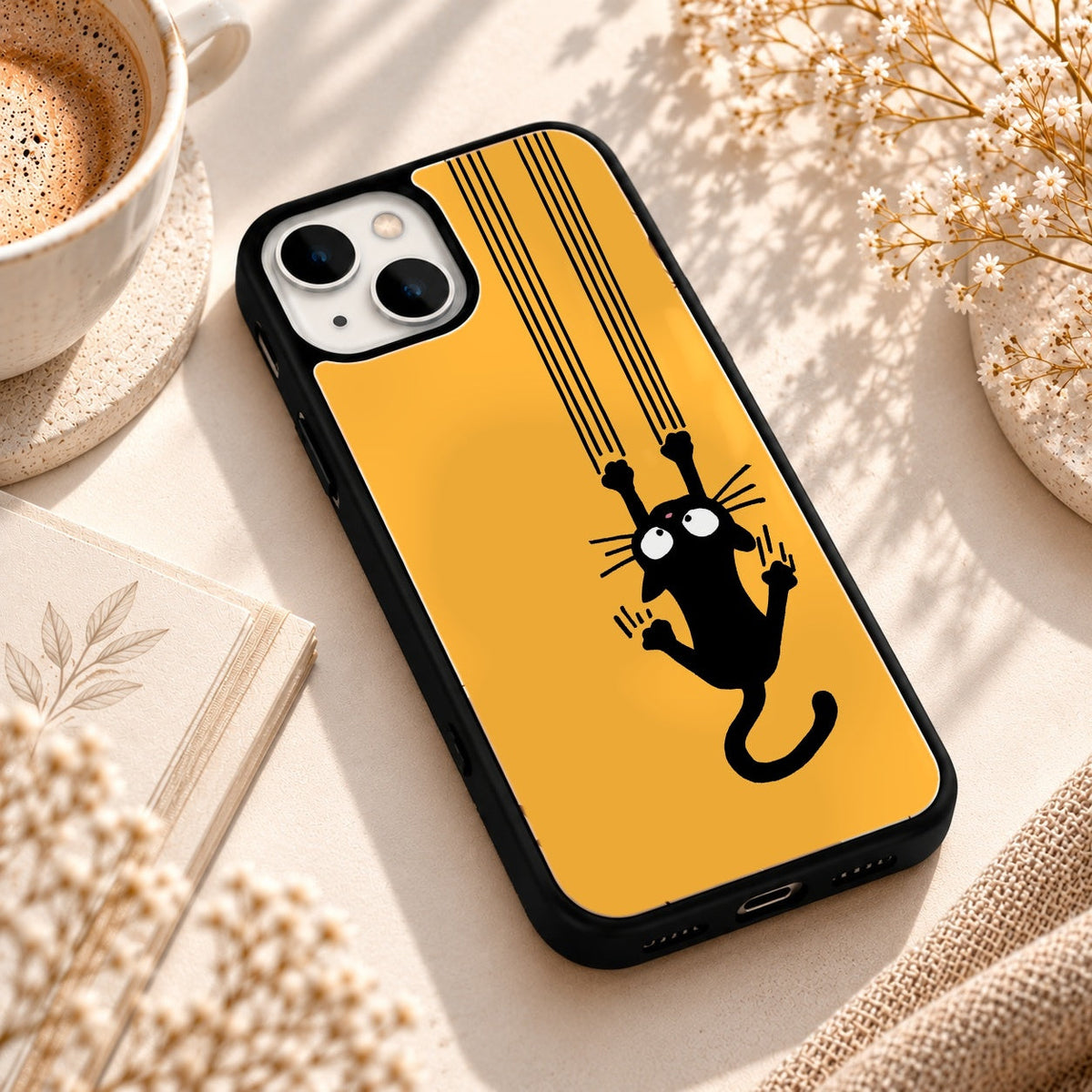 Scratching Black Cat Artwork glossy phone case back cover, angled view