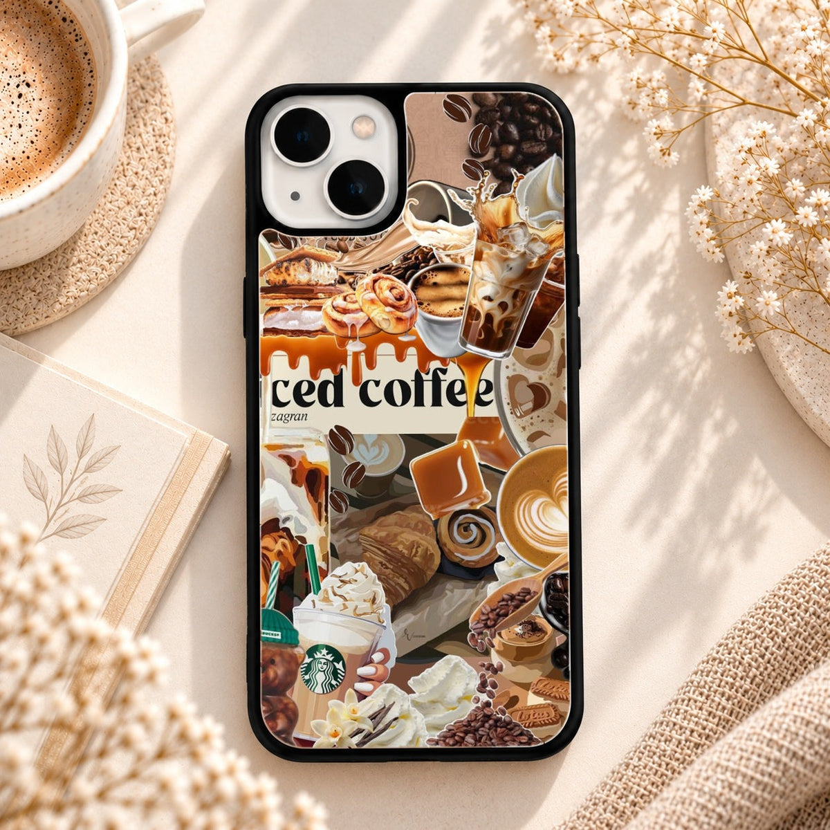 Iced Coffee Collage Artwork glossy phone case back cover, flat view
