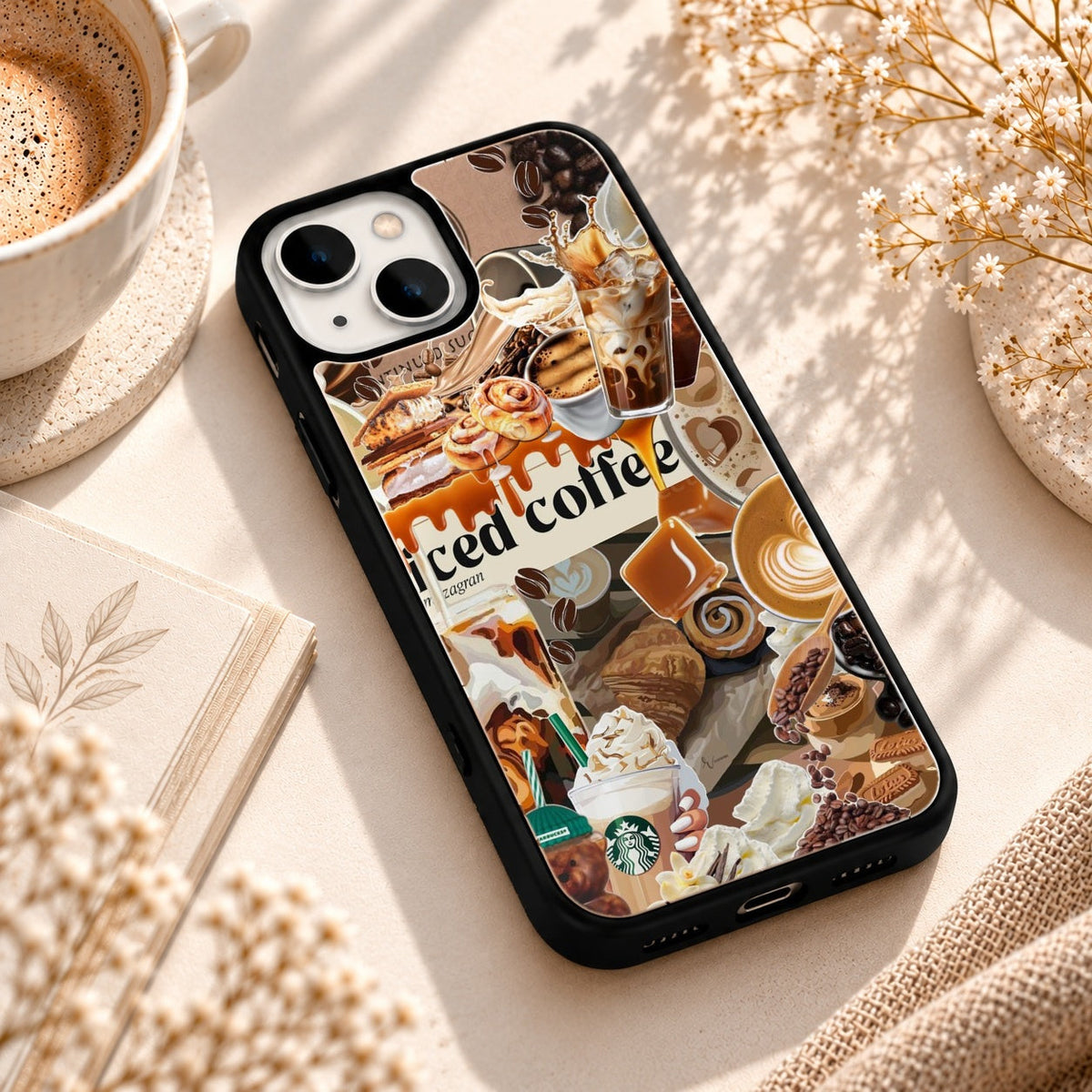 Iced Coffee Collage Artwork glossy phone case back cover, angled view