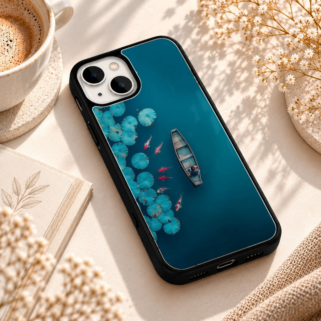 Koi Pond Boat Artwork glossy phone case back cover, angled view