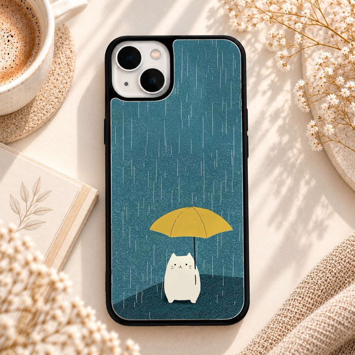 Rainy Day Cat Umbrella Artwork glossy phone case back cover, flat view