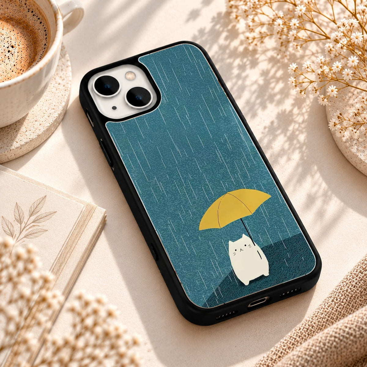 Rainy Day Cat Umbrella Artwork glossy phone case back cover, angled view