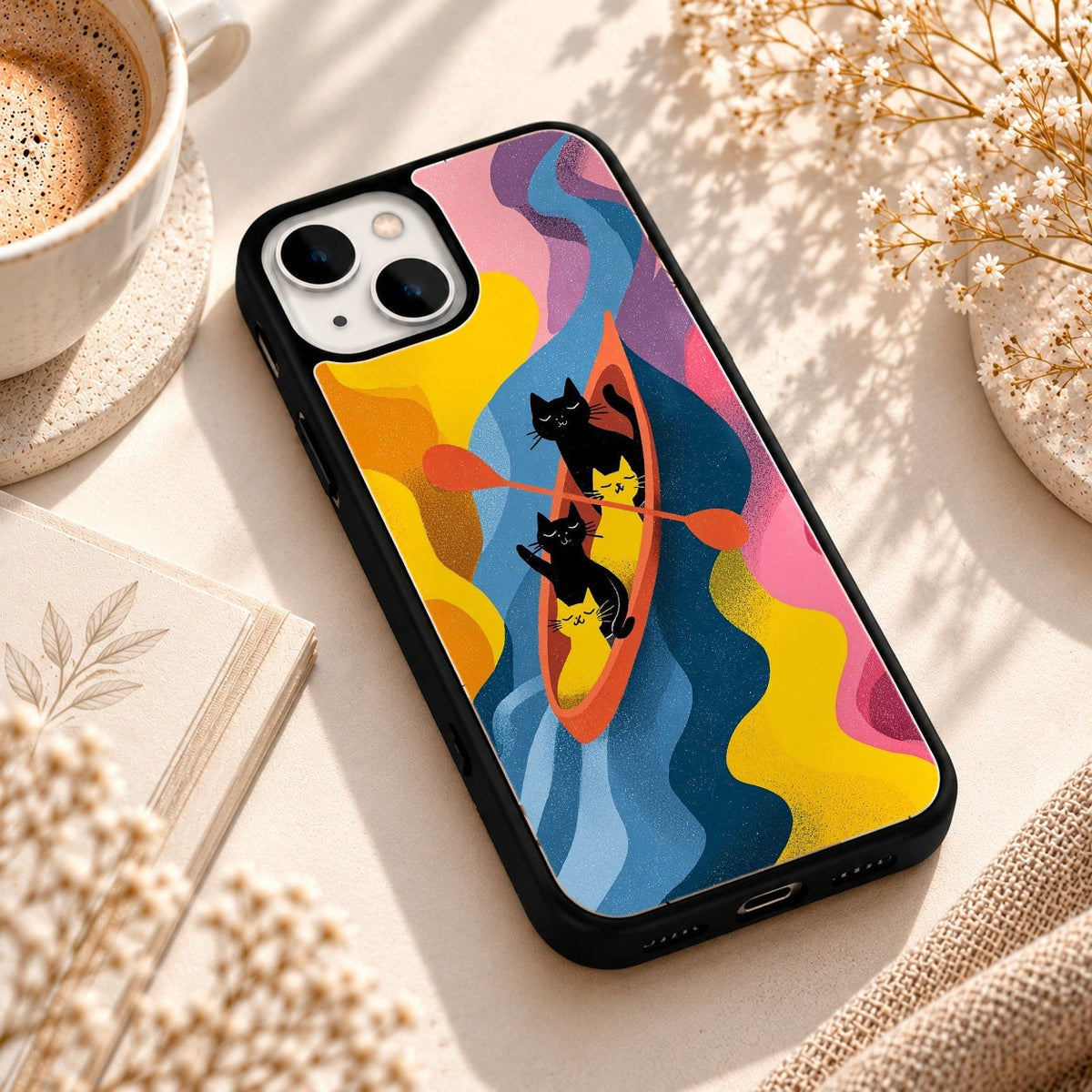 Cats in Canoe Artwork glossy phone case back cover, angled view