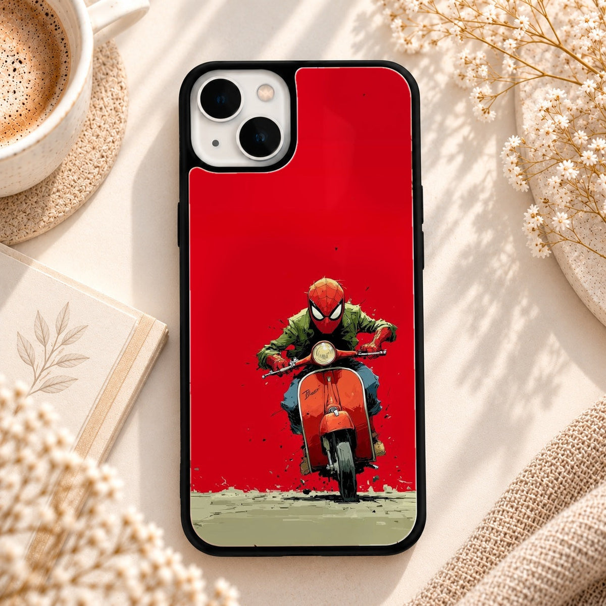 Masked Scooter Rider Artwork glossy phone case back cover, flat view