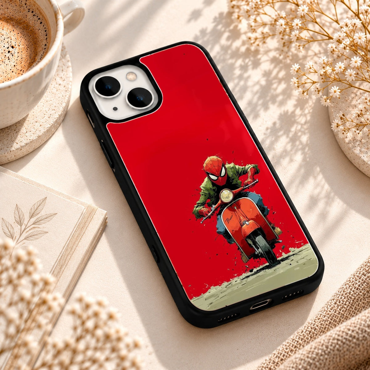 Masked Scooter Rider Artwork glossy phone case back cover, angled view
