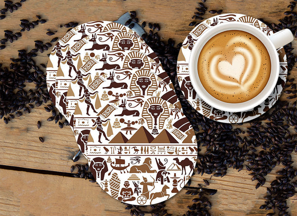 Ancient Egypt Vector Pattern Designer Printed Round Tea Coasters (MDF Wooden, Set Of 6 Pieces)
