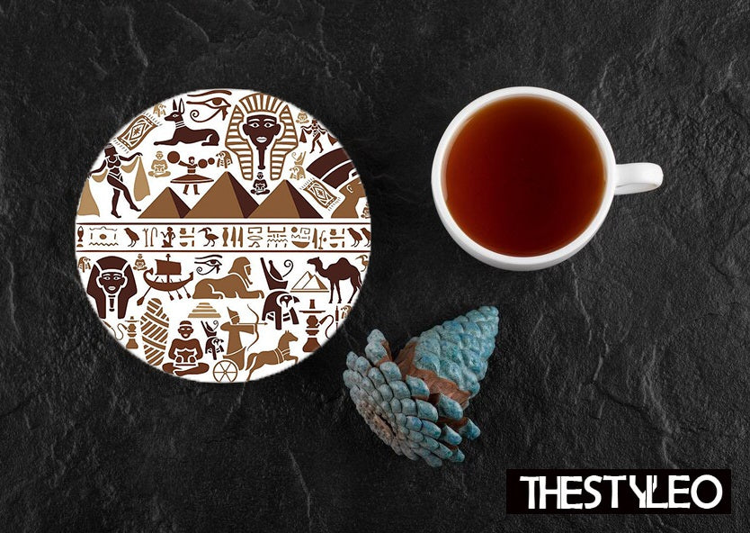 Ancient Egypt Vector Pattern Designer Printed Round Tea Coasters (MDF Wooden, Set Of 6 Pieces)