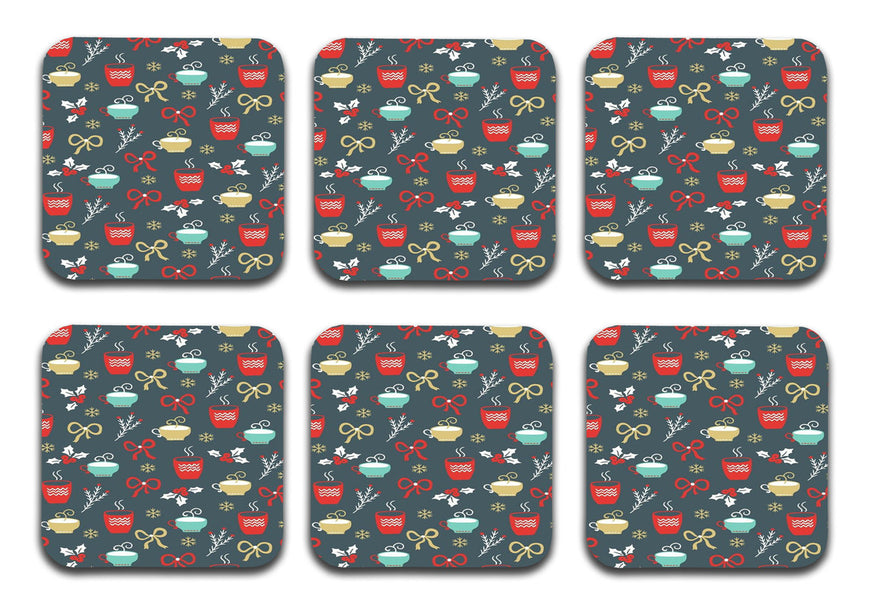 Printed Coffee Pattern Designer Printed Square Tea Coasters With Stand (MDF Wooden, Set Of 6 Pieces Coaster And 1 Stand)