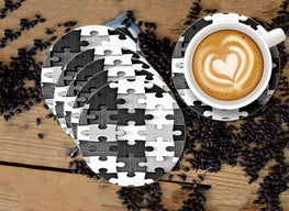 Black White Puzzle  Designer Printed Round Tea Coasters (MDF Wooden, Set Of 6 Pieces)