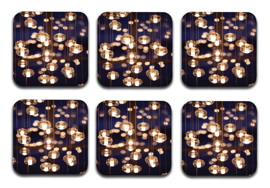 Lights Designer Printed Square Tea Coasters With Stand (MDF Wooden, Set Of 6 Pieces Coaster And 1 Stand)