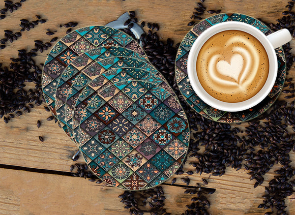 Ethnic Floral Mandala Designer Printed Round Tea Coasters (MDF Wooden, Set Of 6 Pieces)