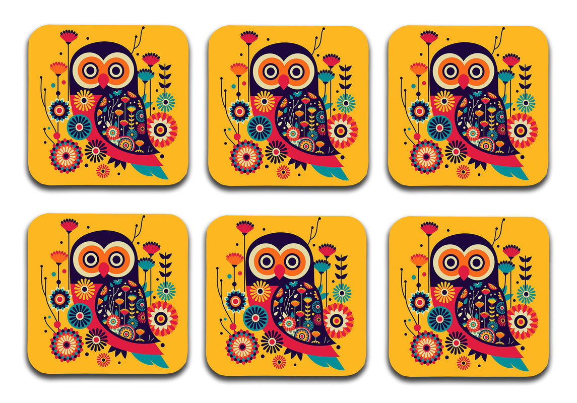 Abstract owl Wooden Designer Printed Square Tea Coasters (MDF Wooden, Set of 6 Pieces)