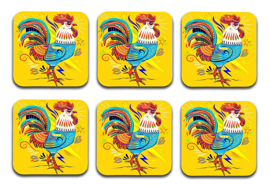 Colorful Rooster Wooden Designer Printed Square Tea Coasters (MDF Wooden, Set of 6 Pieces)