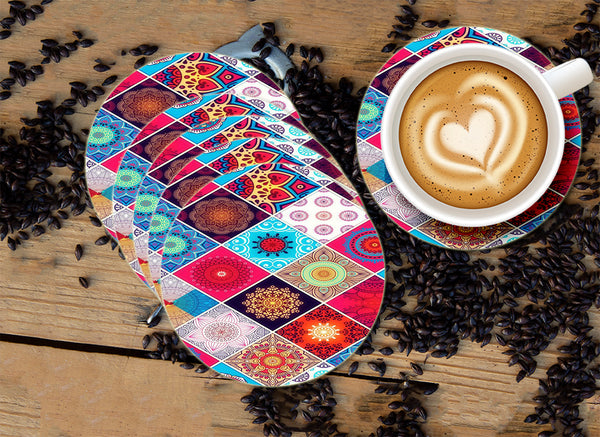 Mandala Pattern Designer Printed Round Tea Coasters (MDF Wooden, Set Of 6 Pieces)
