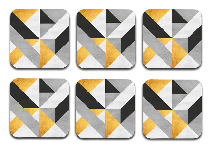 Gold And Gray Pattern Designer Printed Square Tea Coasters With Stand (MDF Wooden, Set Of 6 Pieces Coaster And 1 Stand)