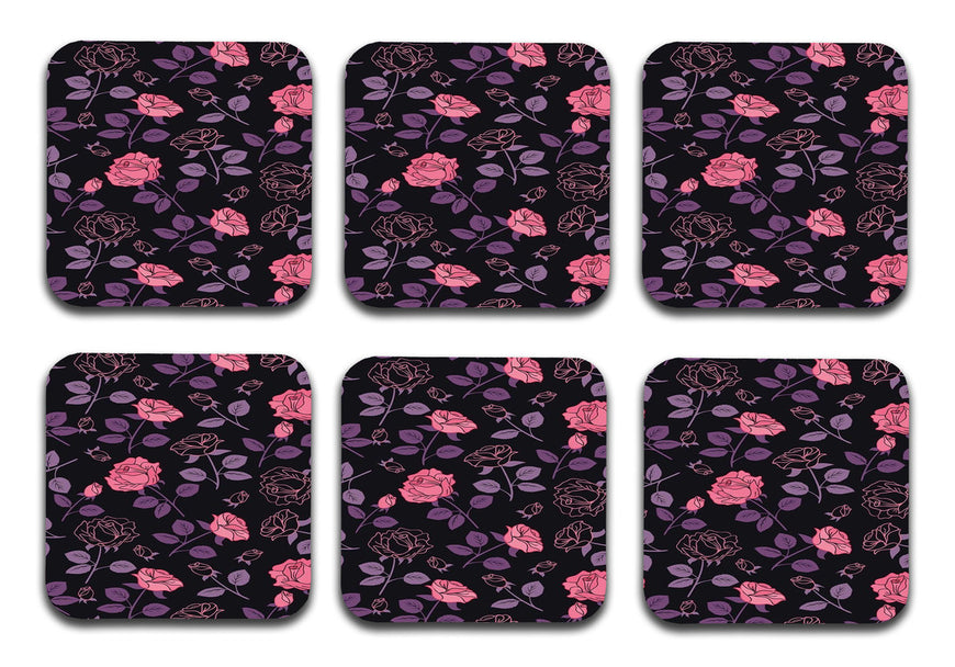 Pink Flower  Designer Printed Square Tea Coasters With Stand (MDF Wooden, Set Of 6 Pieces Coaster And 1 Stand)