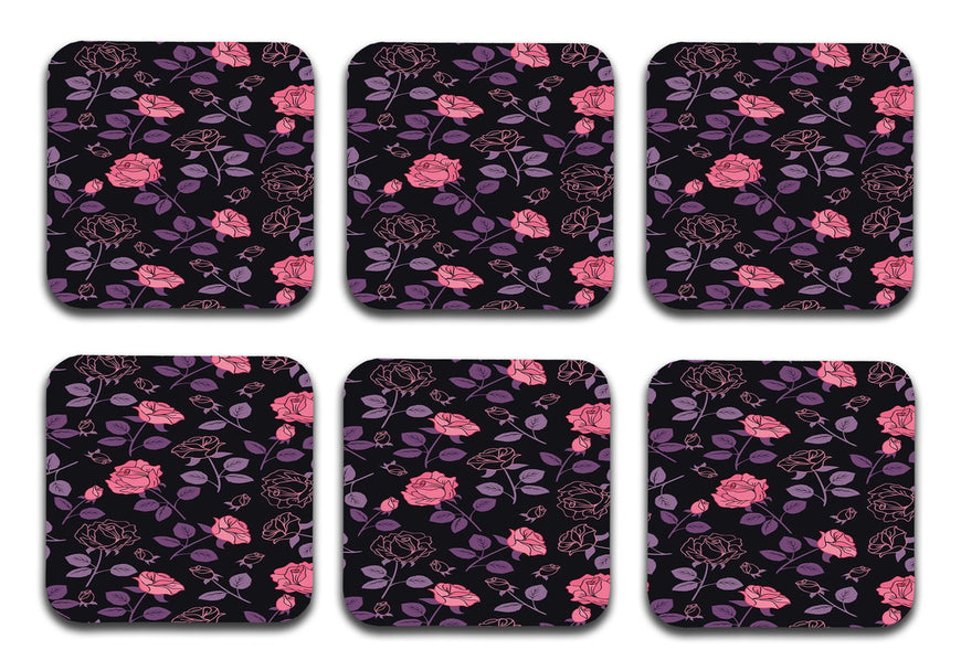 Pink Flower  Designer Printed Square Tea Coasters With Stand (MDF Wooden, Set Of 6 Pieces Coaster And 1 Stand)