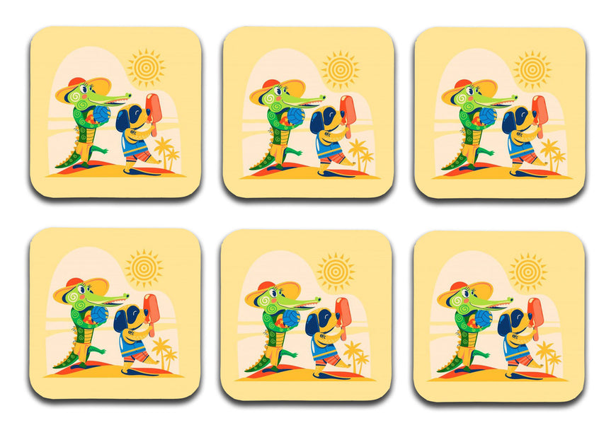 Cute Crocodile Wooden Designer Printed Square Tea Coasters (MDF Wooden,Setof 6 Pieces)