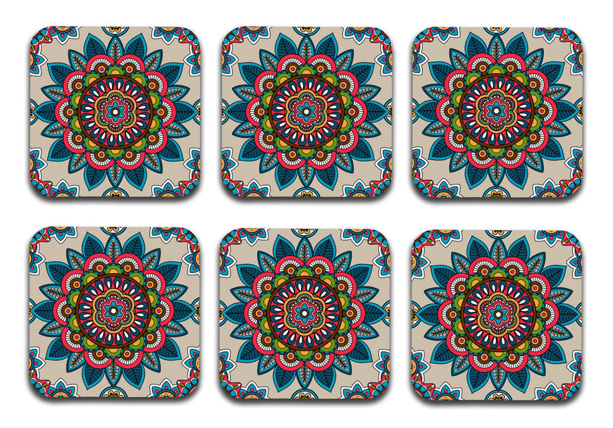 Mandala Wooden Designer Printed Square Tea Coasters (MDF Wooden, Set of 6 Pieces)