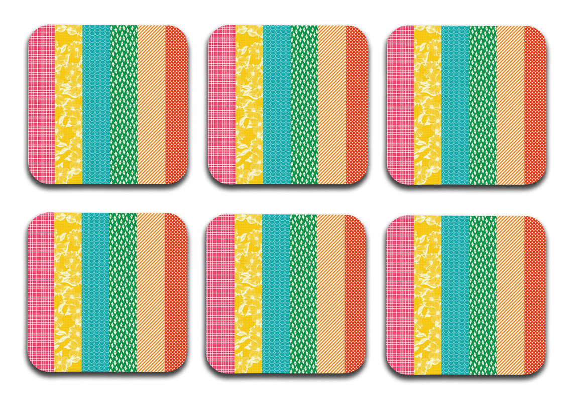Colorful Patterns Wooden Designer Printed Square Tea Coasters (MDF Wooden, Set of 6 Pieces)