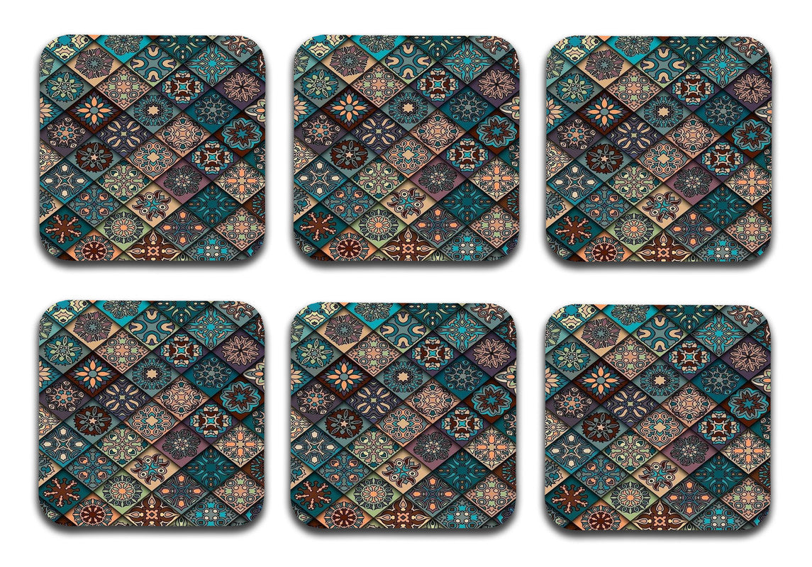 Green Mandala Wooden Designer Printed Square Tea Coasters (MDF Wooden, Set of 6 Pieces)